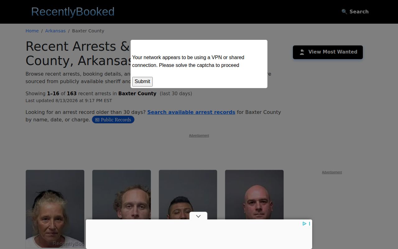 Unofficial Recently Booked Baxter County mugshot records page