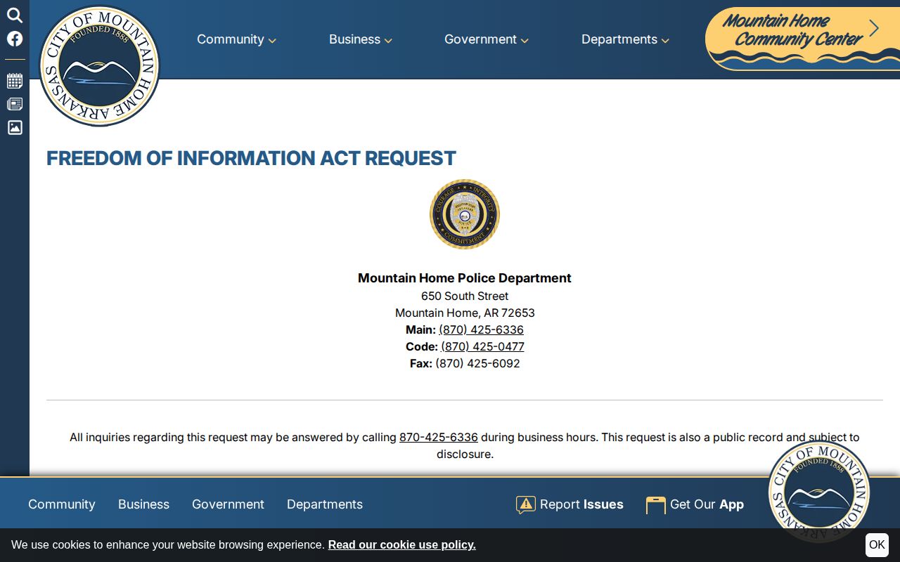 Mountain Home police arrest record FOIA request page